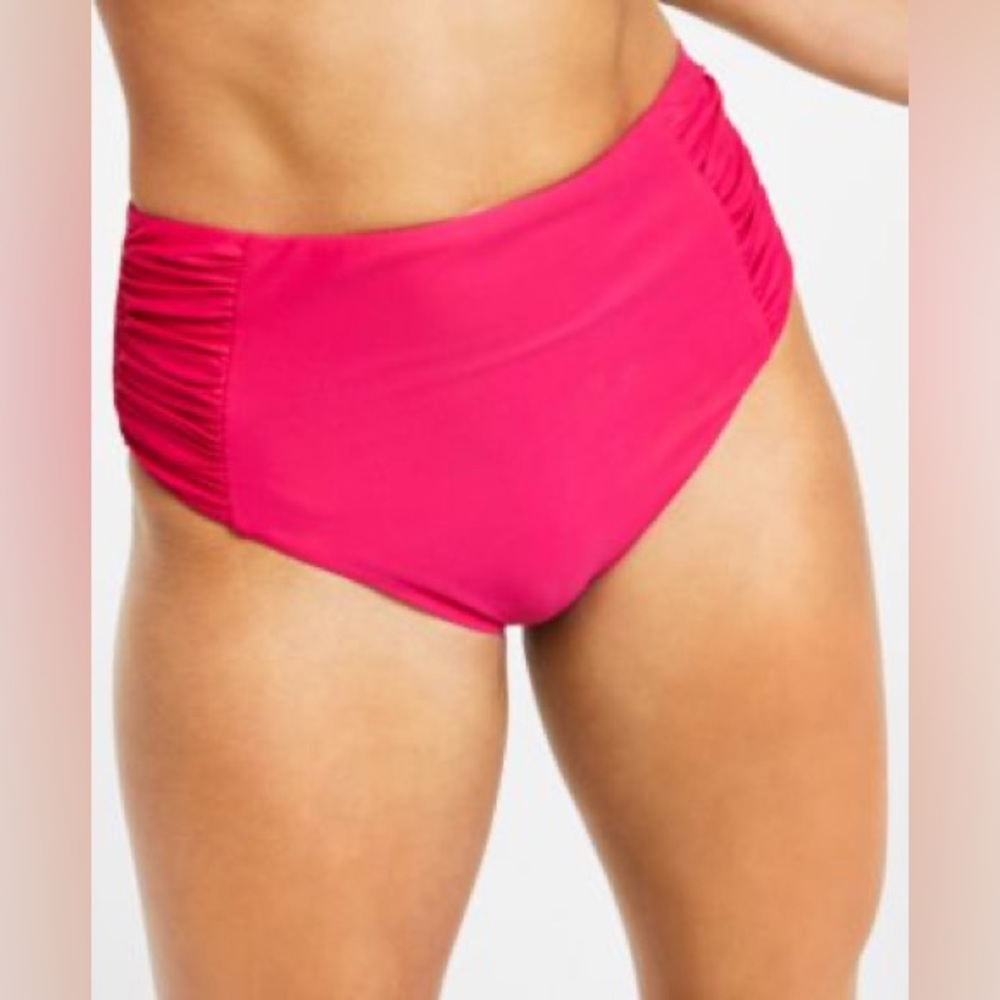 NWT Bar III  Shirred High-Rise Bikini Bottom Ruby Pink  M